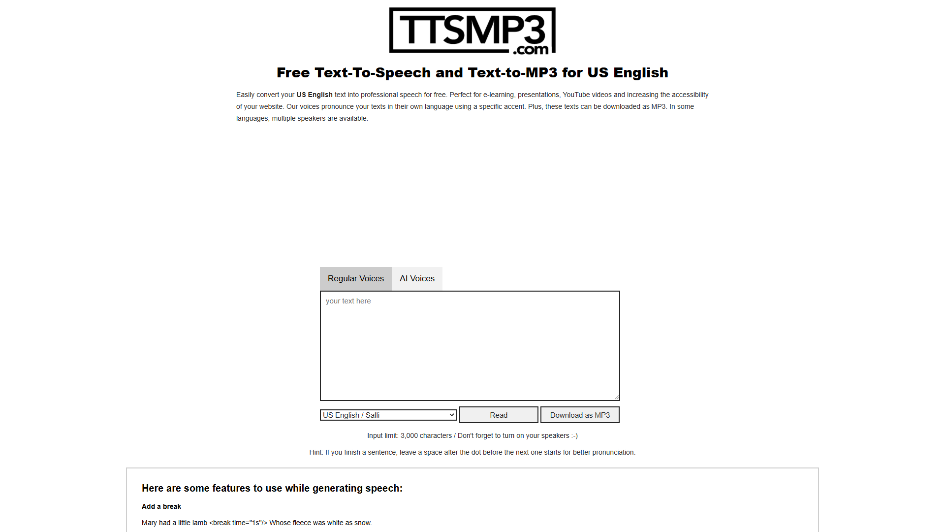 Screenshot for ttsMP3.com