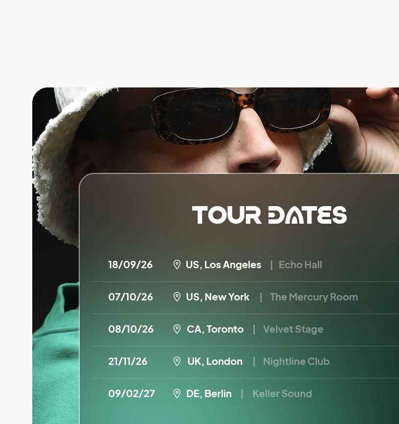 Tour and gig calendar.