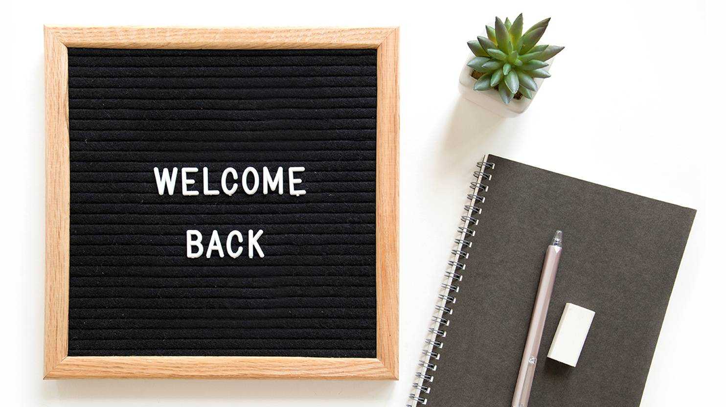 Welcome back written on a painting next to a plant and a notebook