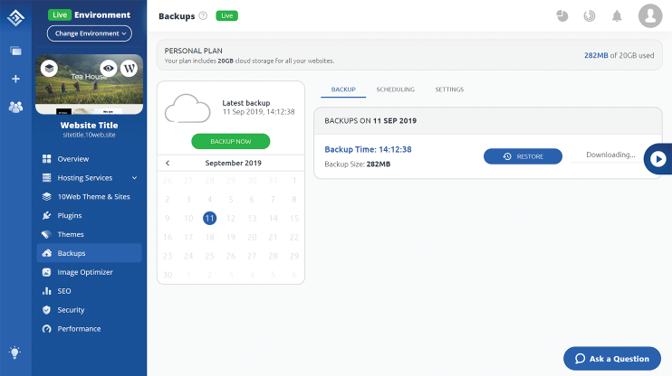 Differential Backup Service - 10Web Dashboard