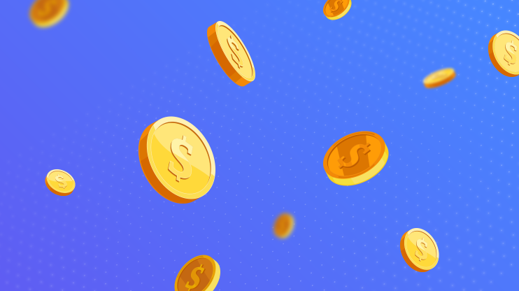 Coins with dollar signs on them flying around, blue background