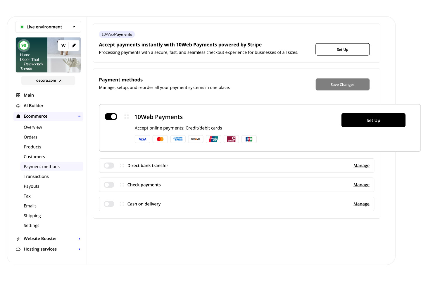 Setup 10Web payments and start selling worldwide