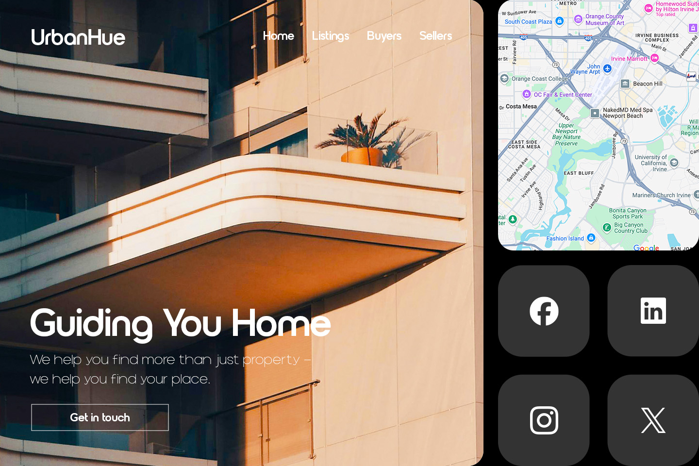 Image showcasing map and social media integrations for a real estate website.