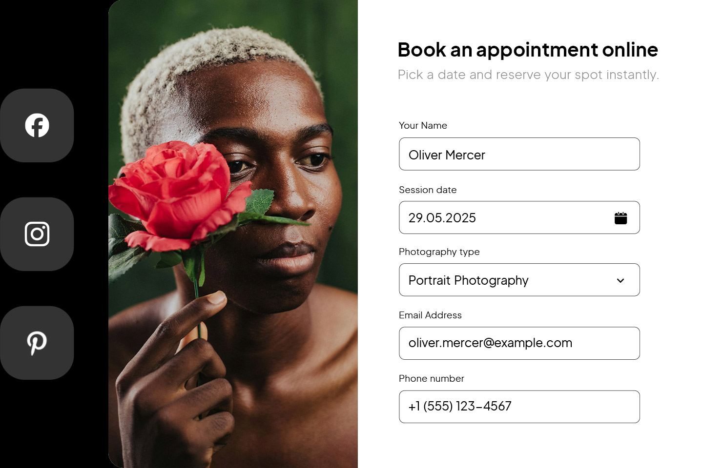 Image showing an appointment booking form and social icons.