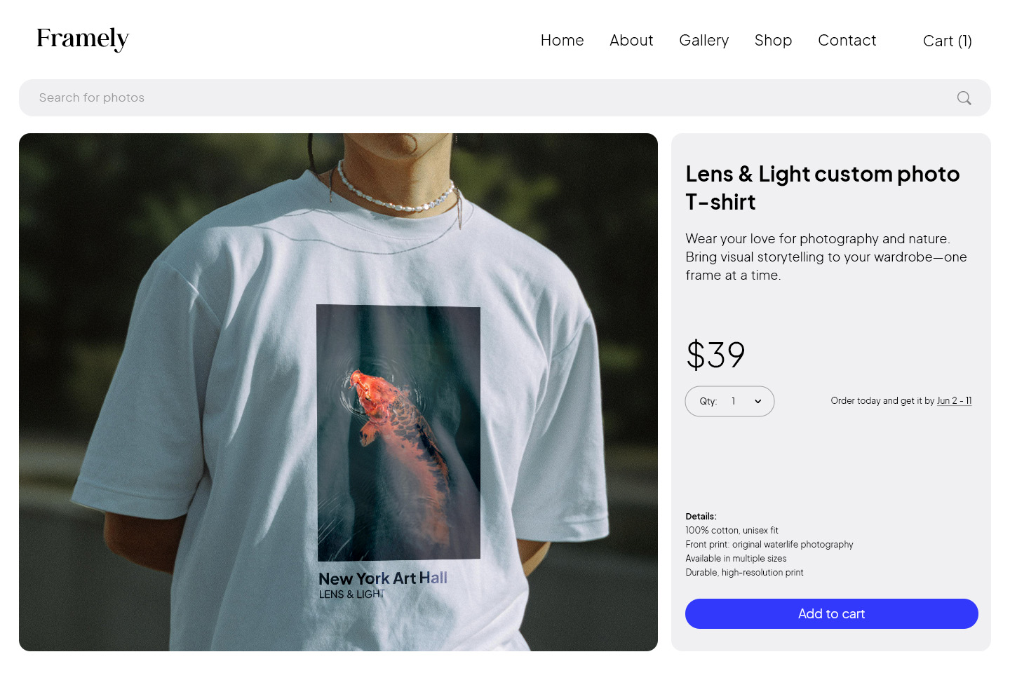 Image of an online shop for selling photography items.