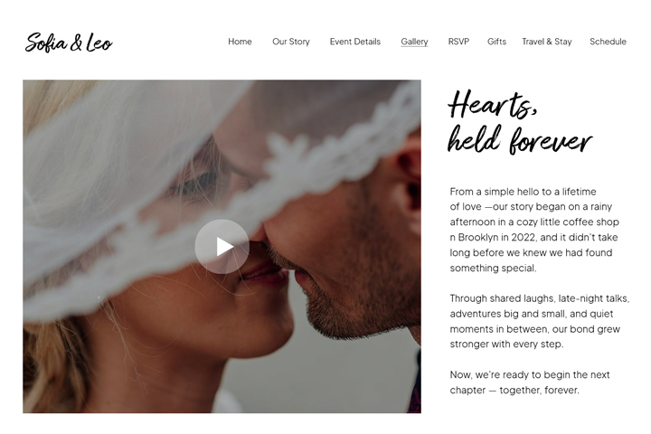 Wedding website gallery and love story page.