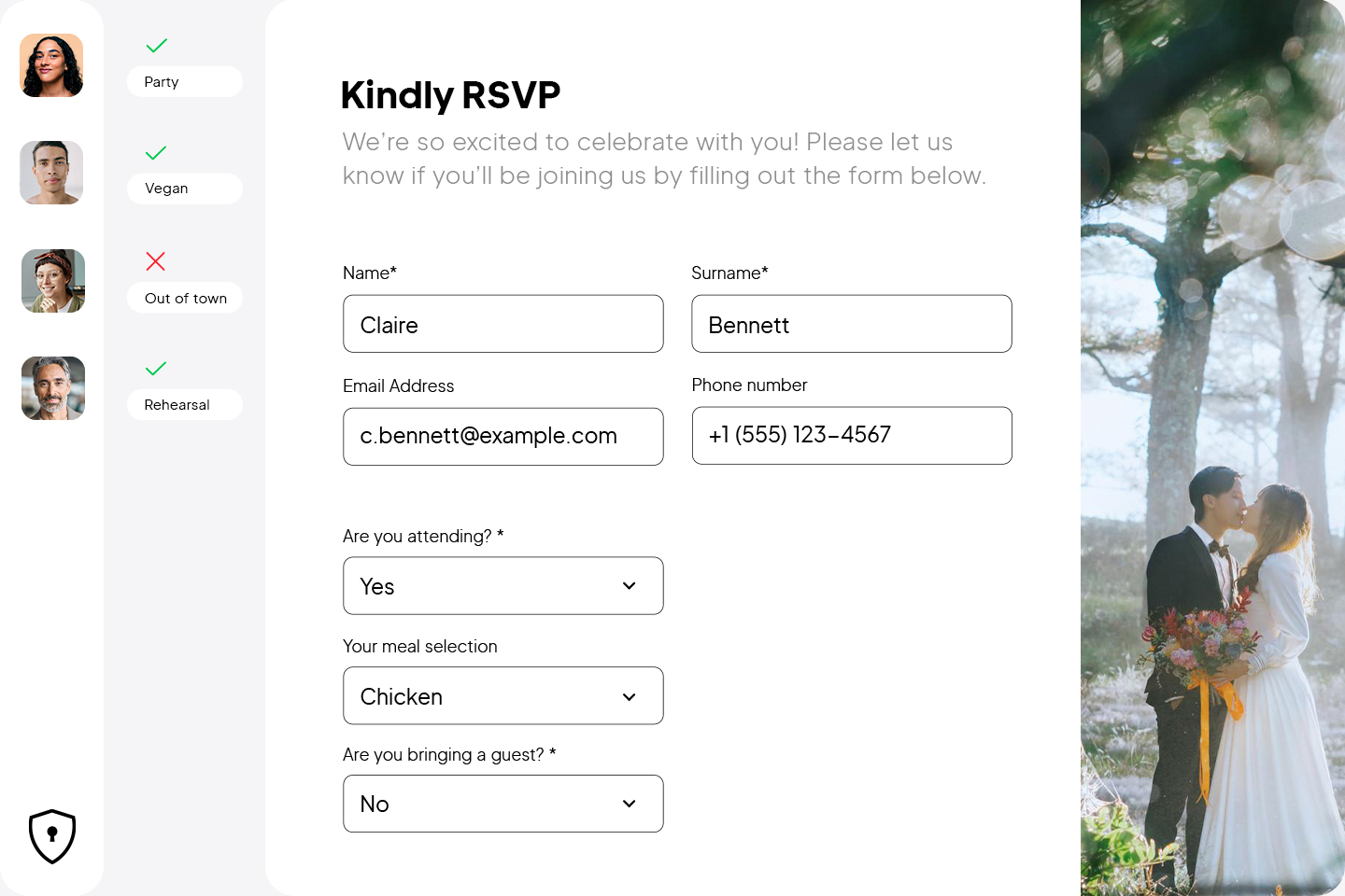 Interface showing RSVP and guest management.
