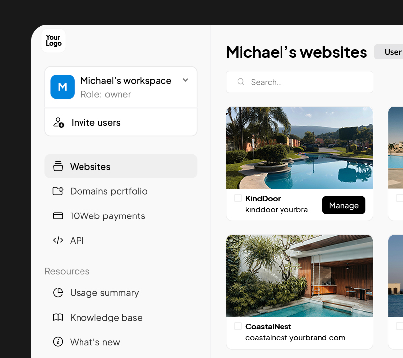 Interface showing multisite management dashboard.