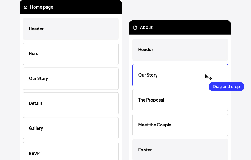 Image of wedding website layout structure.