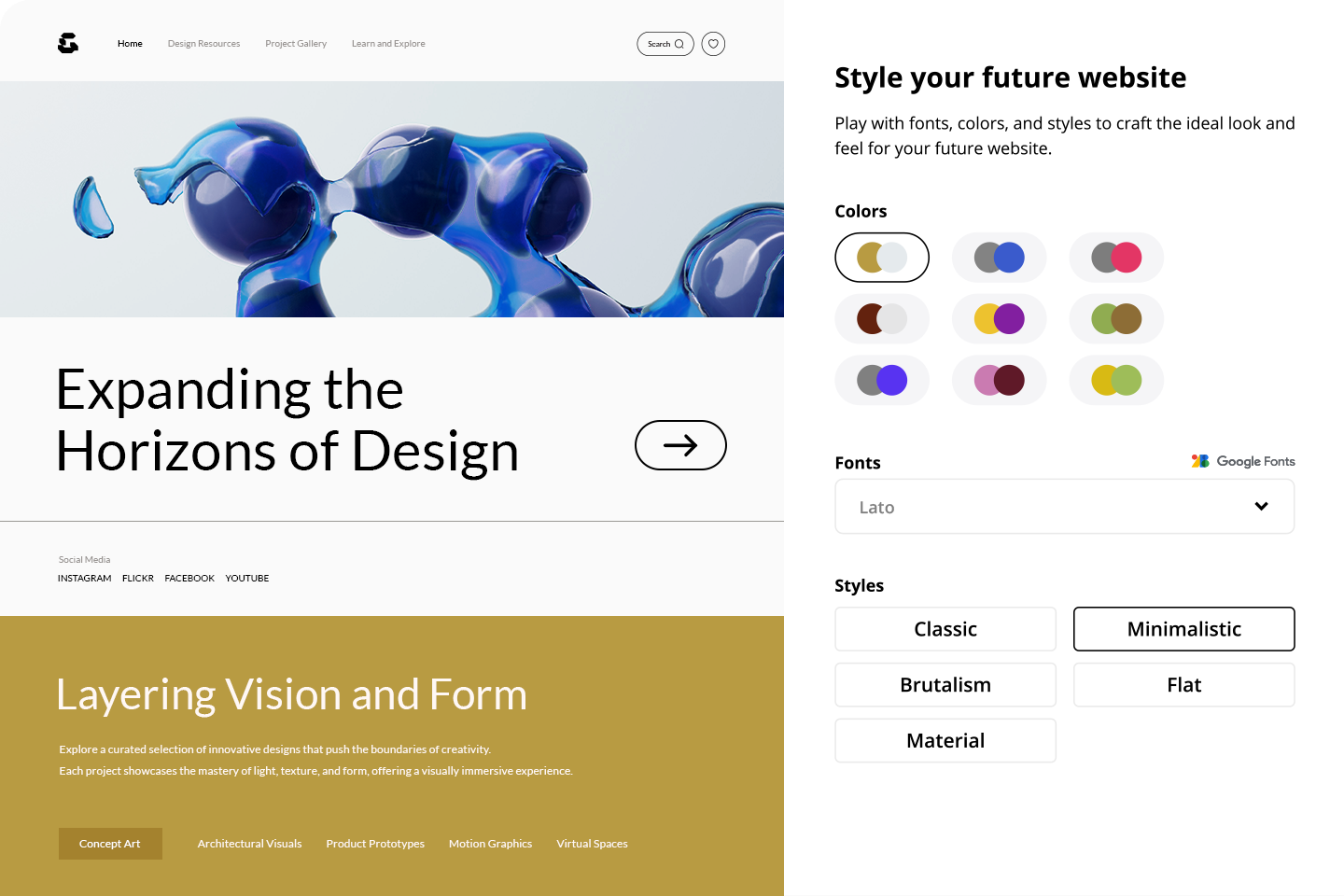 Interface showing selection of colors and styles of the generating website